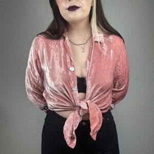 Coldwater Creek Crushed Velvet Button Up Shirt Pink Long Sleeve Collared Women's